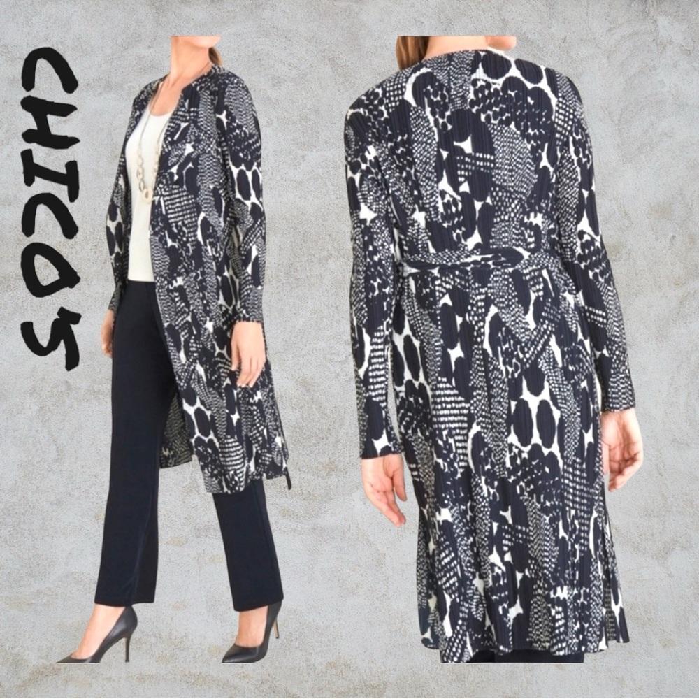 NWT CHICO’S Blue & White polka dot Duster notched collar side slits SZ 3(16-18)